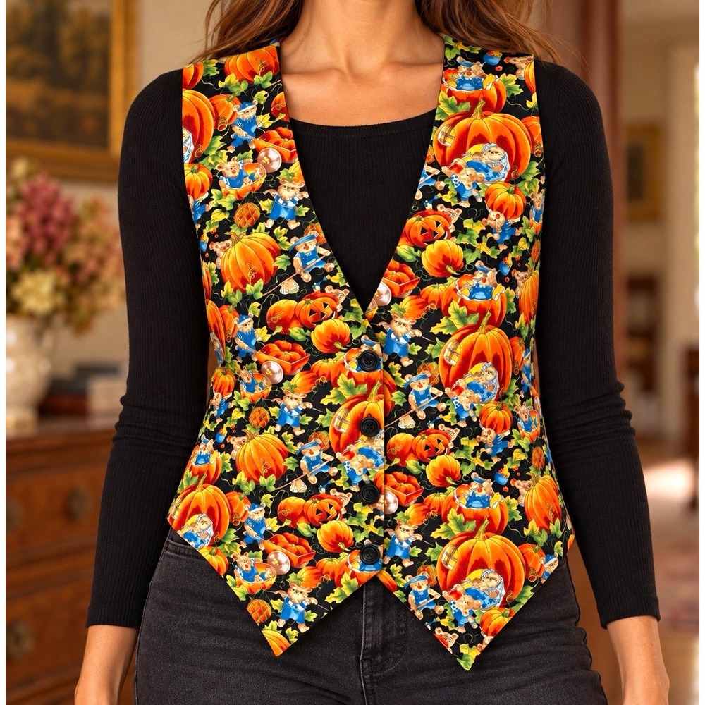 Vintage 90s Halloween Pumpkin Teddy Bear Vest Fall Harvest Novelty Print